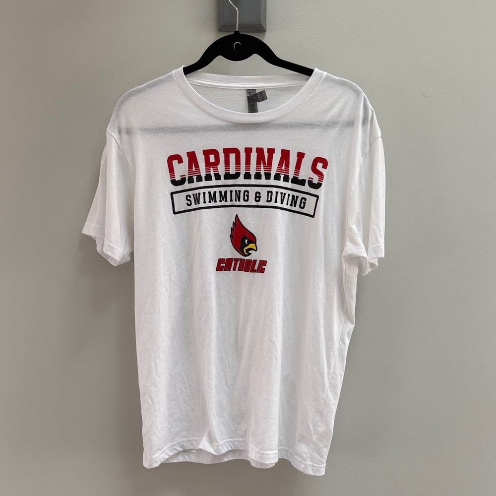 Next Level Apparel White Tee with Red & Black Cardinals Swim & Dive Graphic